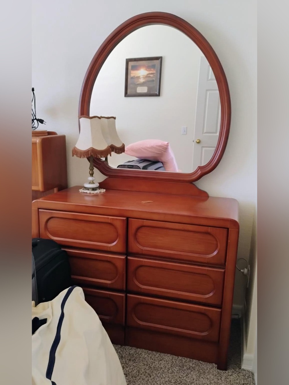 Classic Wooden 6-Drawer Dresser with Oval Mirror - Cherry Finish